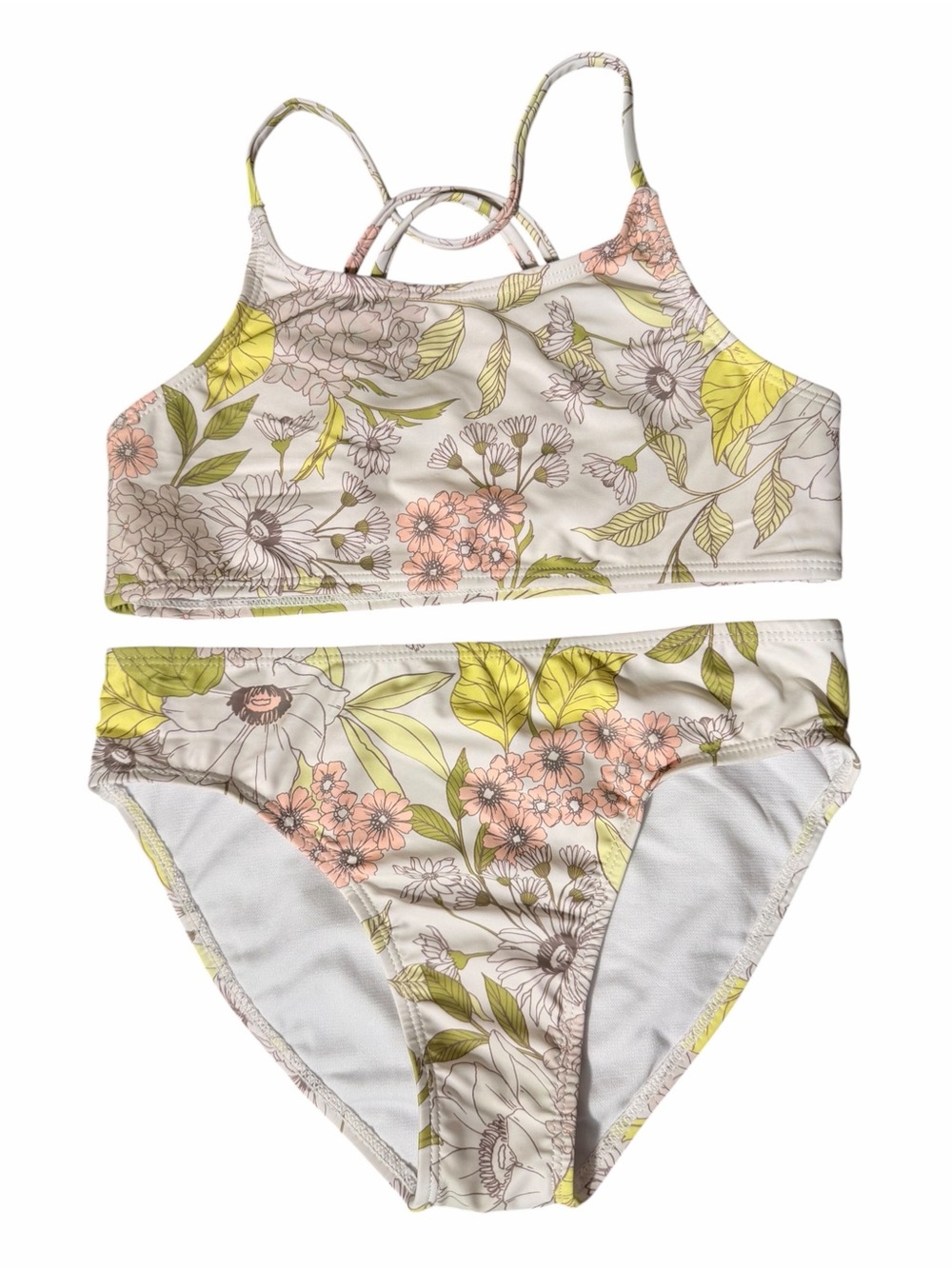Volcom Girls Floral Two-Piece Swim Set in Cream, Yellow, Pink